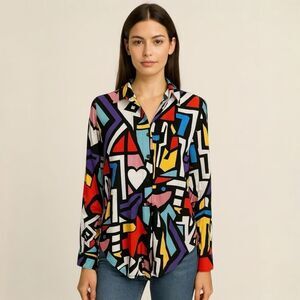 Purple Red Black White Yellow Blue Geometric 80’s style Button Down Blouse XL